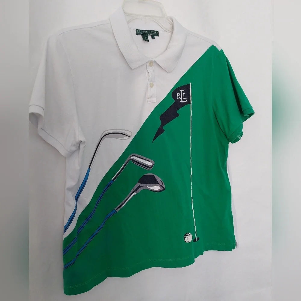 Ralph Lauren Lauren Active Green and White Golf Polo Size L.